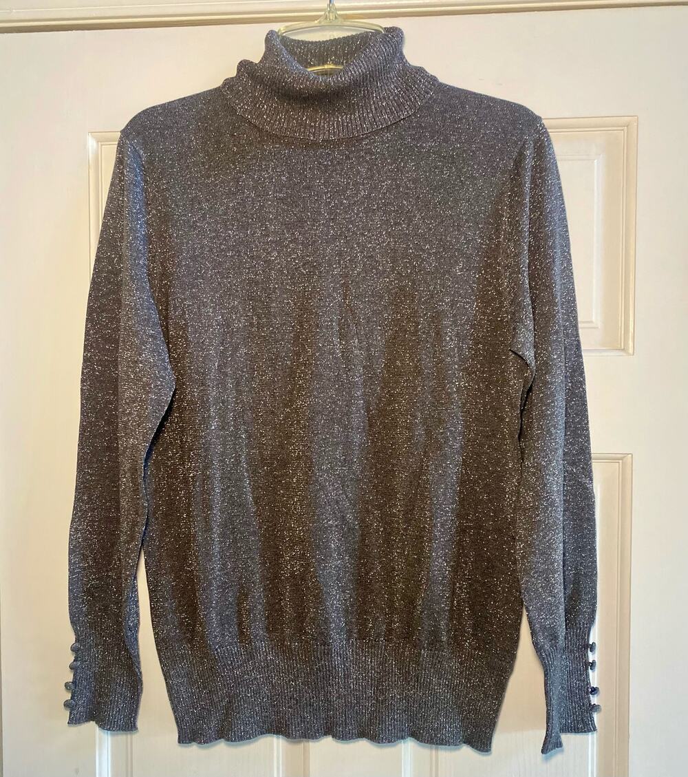 Cupio Turtleneck Sweater Dark Gray, Silver Shimmer, Button Accent Cuffs Sz L